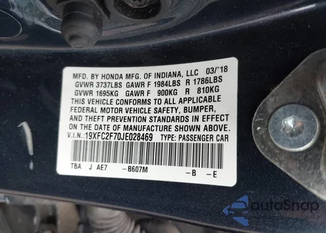 2018 Honda Civic Ex z USA, uszkodzony, nr VIN 19XFC2F70JE028469